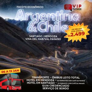 <span style="color: #ff0000;"><strong> 🇦🇷<b> ARGENTINA & CHILE </strong></span> </b></b>🇨🇱  SAÍDA 24/01 <b> <span style="color: #ff0000;"><strong>**PROMO R$ 2.499, à vista** </b></strong></span> </b>