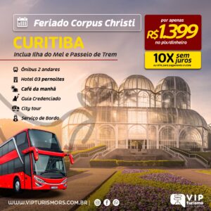 <span style="color: #ff0000;"><strong><b>🇧🇷 CURITIBA C/TREM 🚂 + ILHA DO MEL 🏝 </strong></span> </b>🇦🇷 Feriadão C. Christi <b> <span style="color: #ff0000;"><strong>**R$ 1.399, até 10x s/ juros**</b></strong></span>