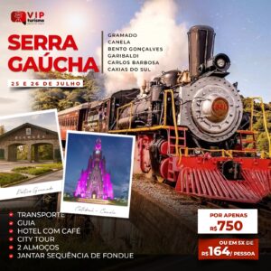 <span style="color: #ff0000;"><strong> <b>🫕 SERRA GAÚCHA 🚂 </b> </strong></span> 25 e 26/07 - Férias de Inverno <b> <span style="color: #ff0000;"><strong> ** R$ 750,00 COM HOTEL + 2 ALMOÇOS & JANTAR FONDUE** </strong></span> </b>