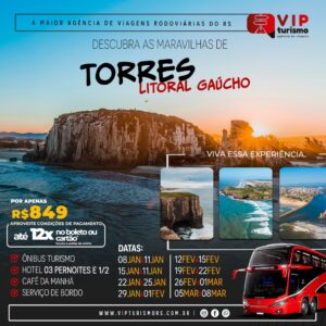 <span style="color: #FFA500;"><strong> <b>🌞 TORRES 🏖️ </strong></span> </b> 4 dias & 3 noites <b> <span style="color: #FFA500;"><strong>**R$ 849, à vista** </b></strong></span> </b>